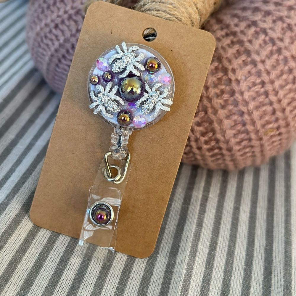 Creepy Crawley Sparkle Spider Badge Reel New Handmade